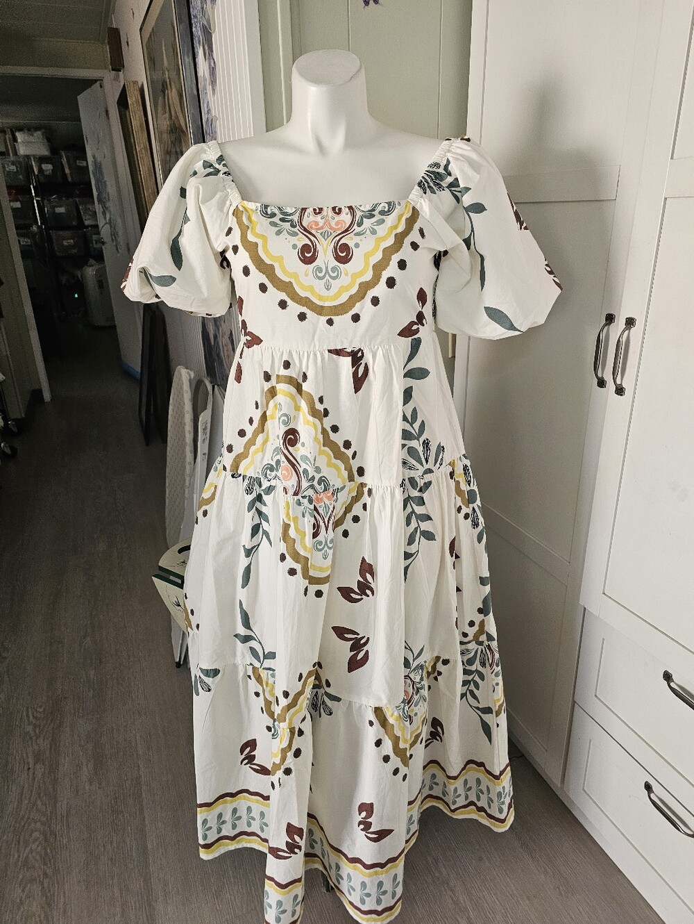 Meadow Rhodes Womens XL 10-12 Maxi Dress Boho Floral Smocked Puff Sleeve Cotton